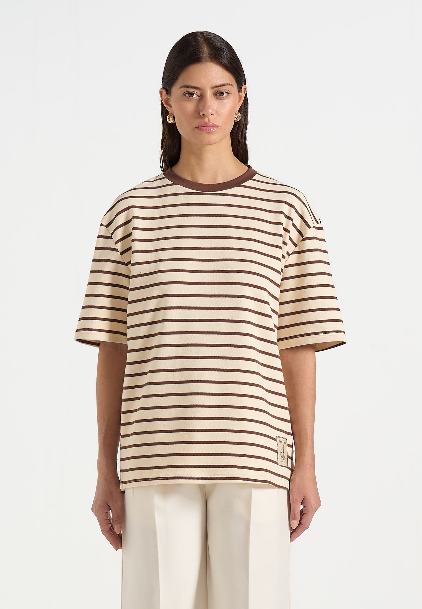 Riley - Unisex Striped Relaxed Fit Cotton T-Shirt - Cream/Brown