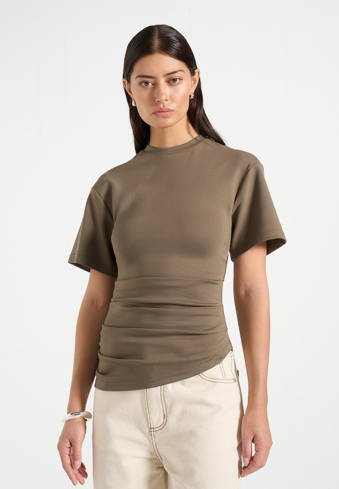 Pauline - Ruched Asymmetric Cotton T-Shirt - Olive 
