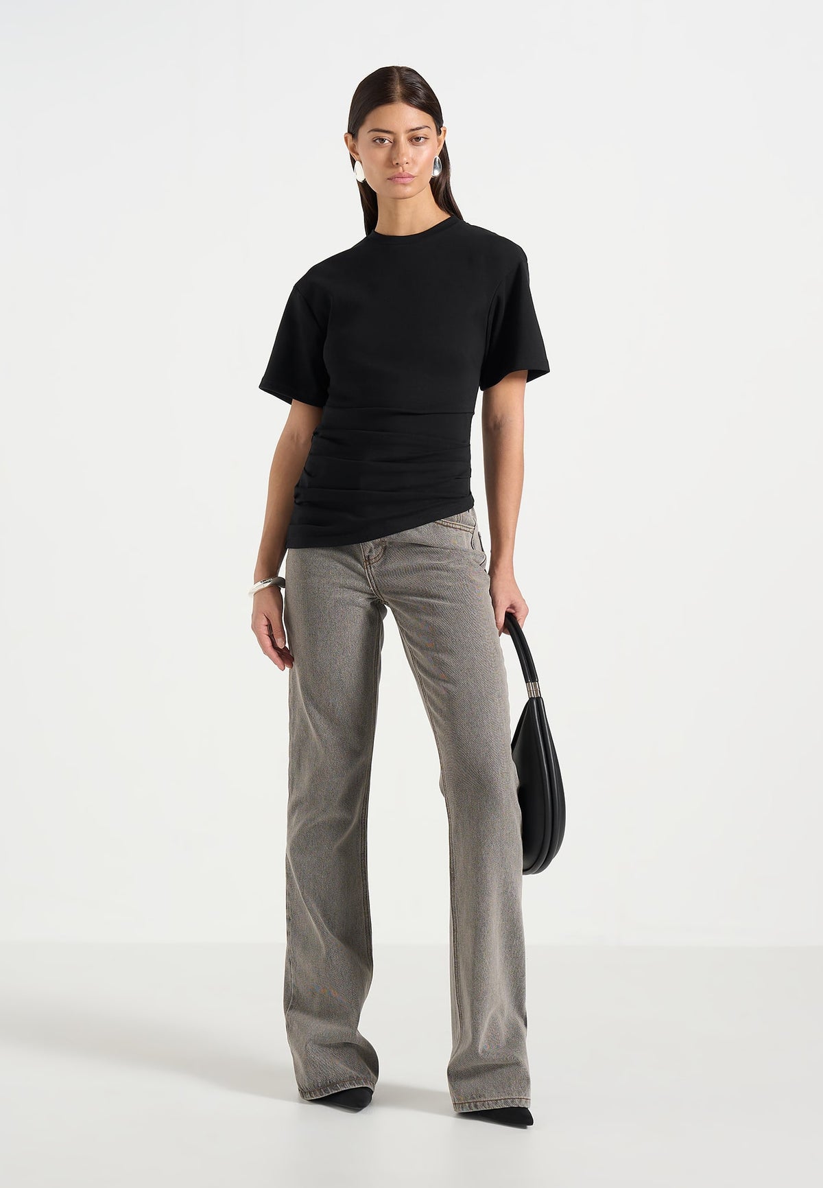 Pauline - Ruched  Asymmetric Cotton T-Shirt - Black