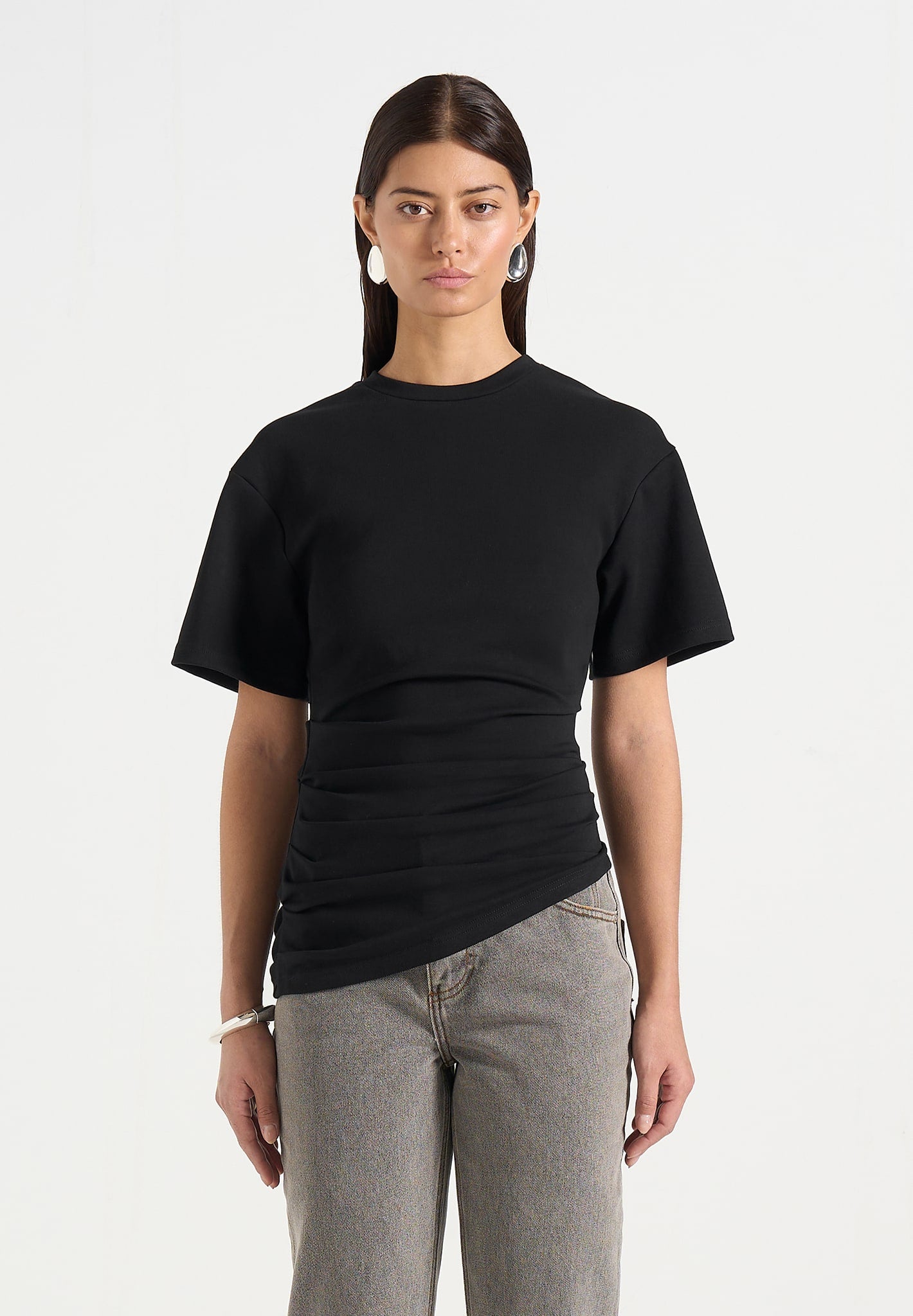 Pauline - Ruched  Asymmetric Cotton T-Shirt - Black 