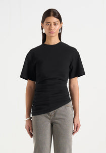 Pauline - Ruched  Asymmetric Cotton T-Shirt - Black