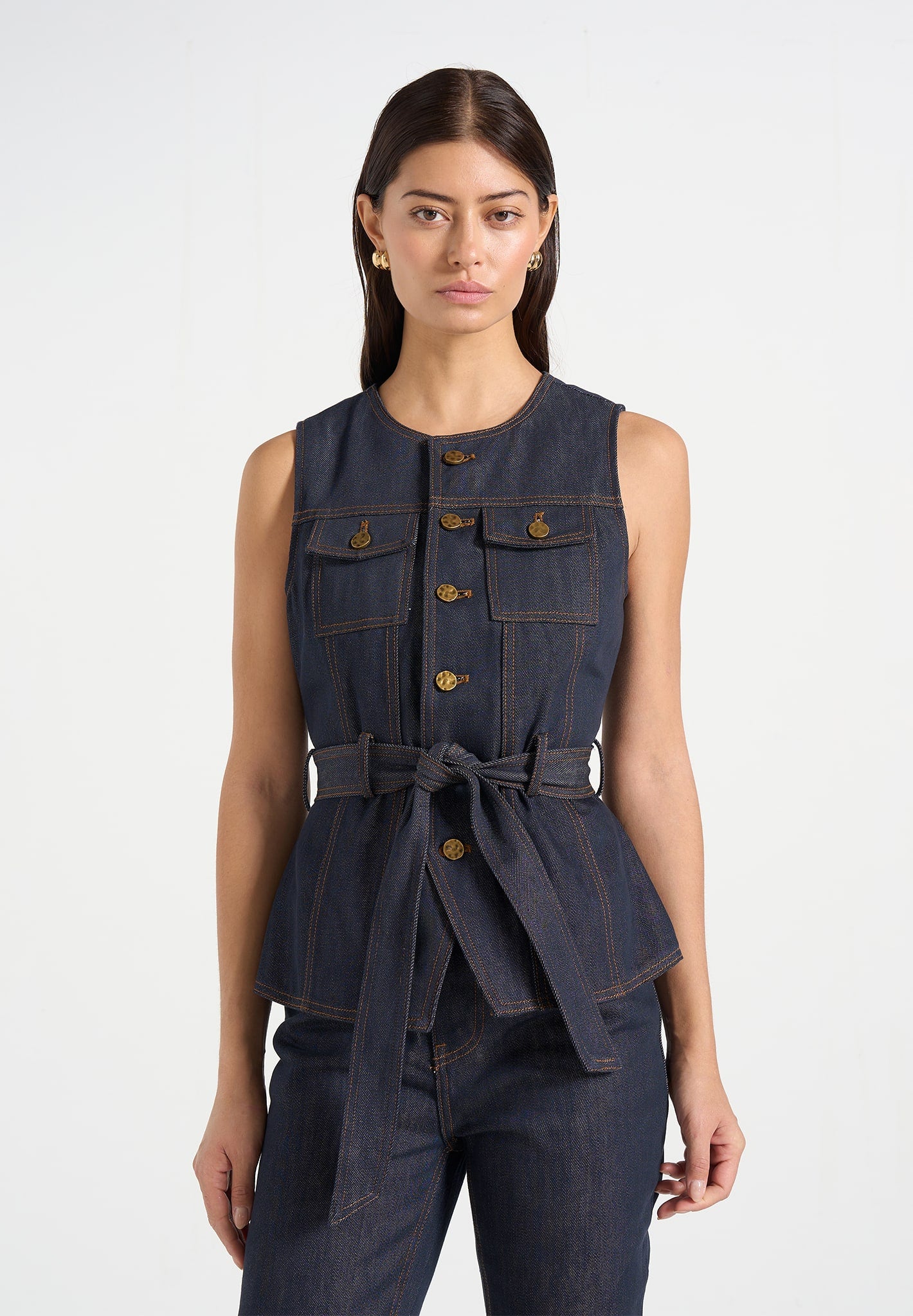 Darcy - Denim Crew Neck Waistcoat - Polished Indigo 