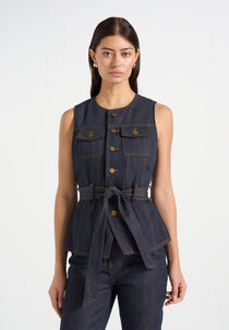 Darcy - Crew Neck Denim Waistcoat - Polished Indigo
