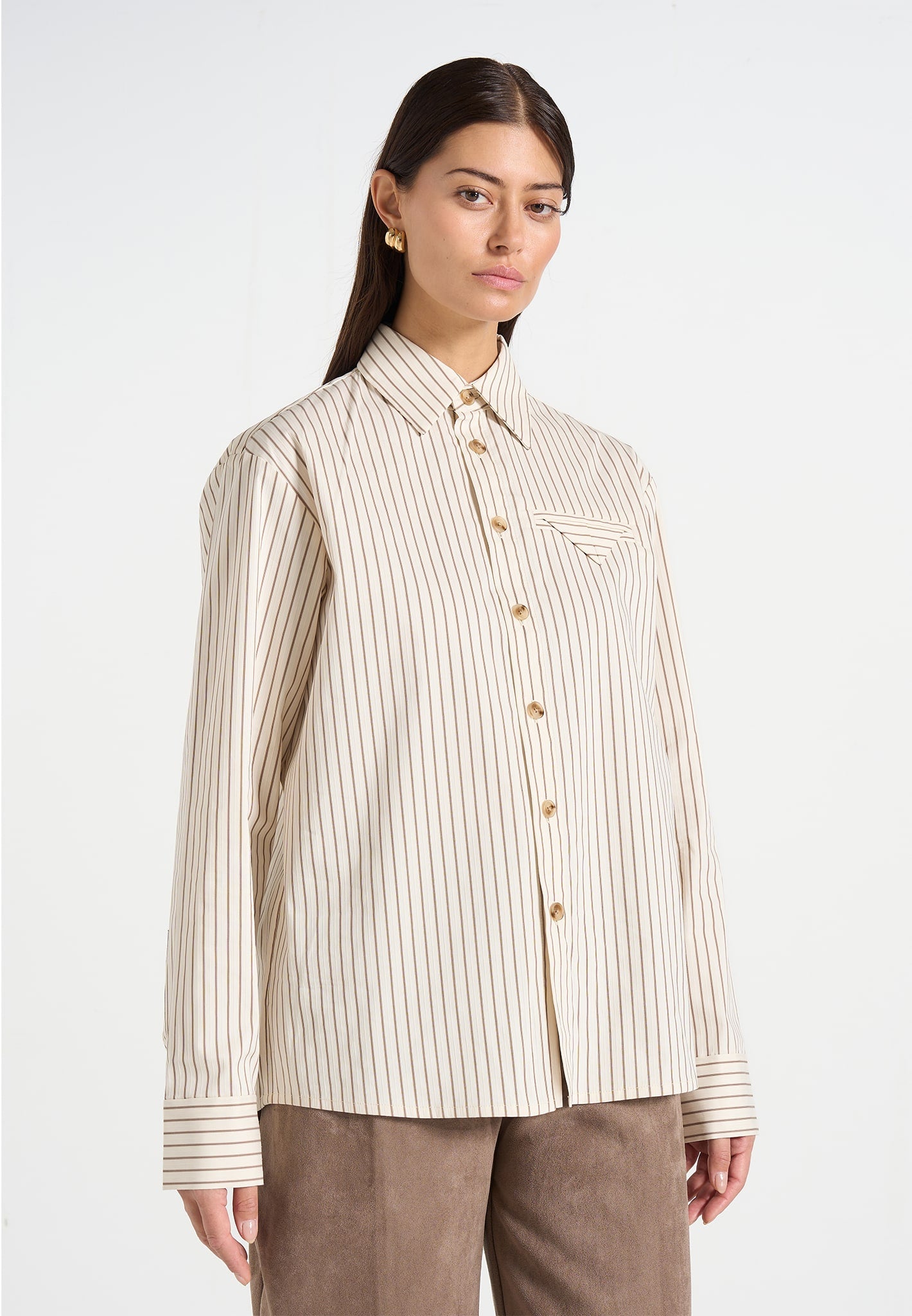 Ronnie - Unisex Pinstripe Long Sleeve Shirt - Beige