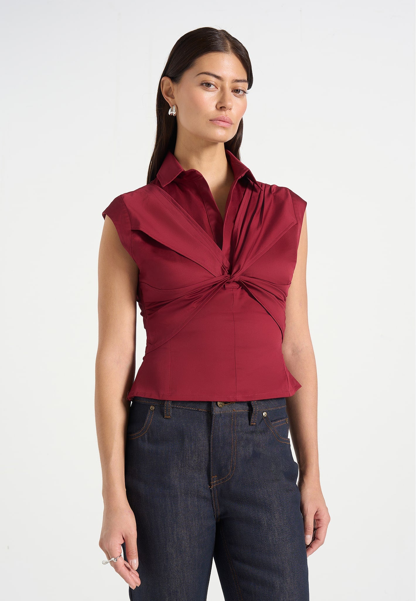Yvette - Twist Front Sleeveless Shirt - Wine Red 