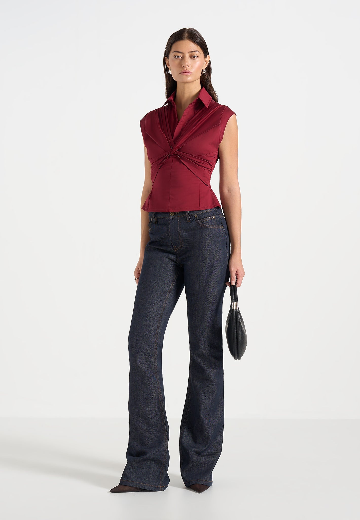 Yvette - Twist Front Sleeveless Shirt - Wine Red 