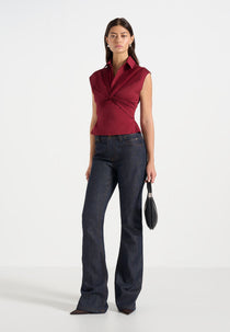 Yvette - Twist Front Sleeveless Shirt - Wine Red