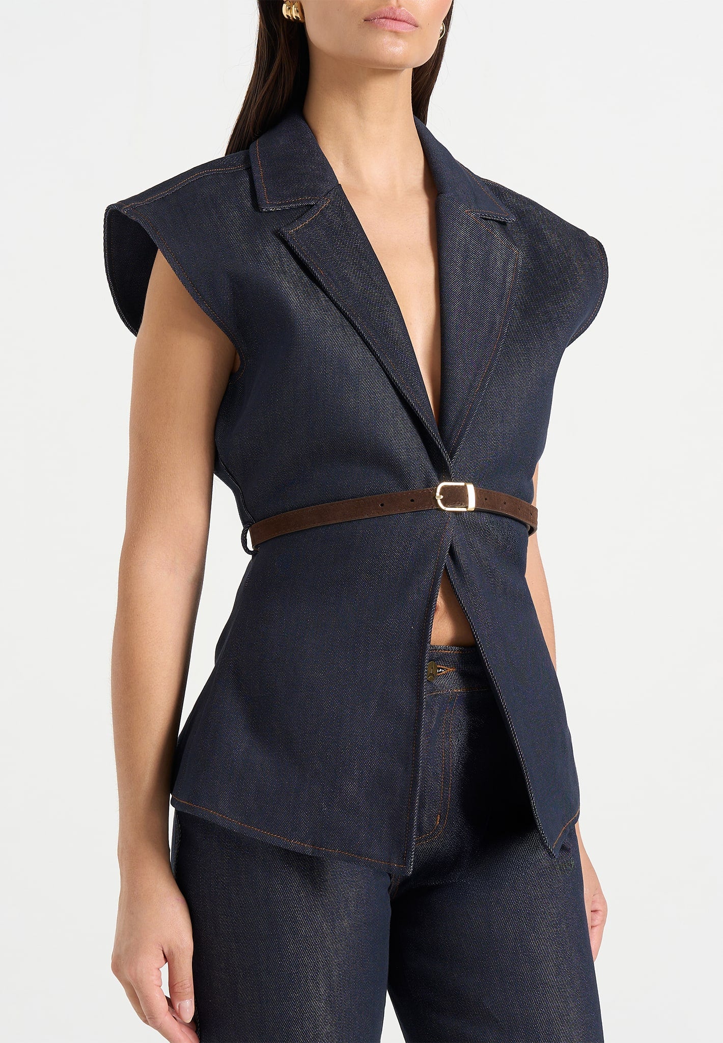 Linda - Denim Wide Shoulder Cinched Waistcoat - Indigo
