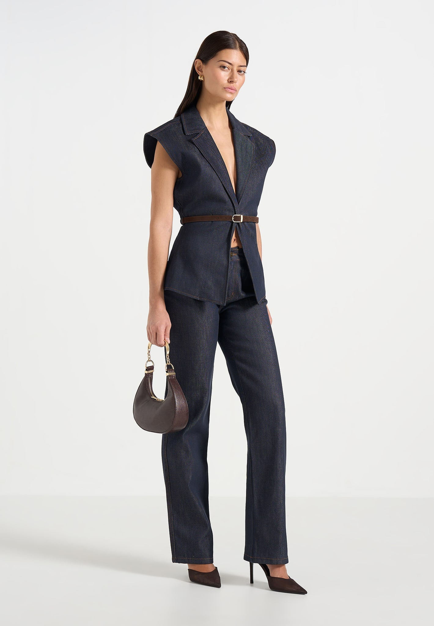 Linda - Denim Wide Shoulder Cinched Waistcoat - Indigo