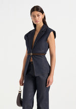 Linda - Denim Wide Shoulder Cinched Waistcoat - Indigo