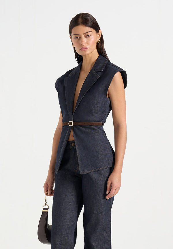 Linda - Denim Wide Shoulder Cinched Waistcoat - Indigo