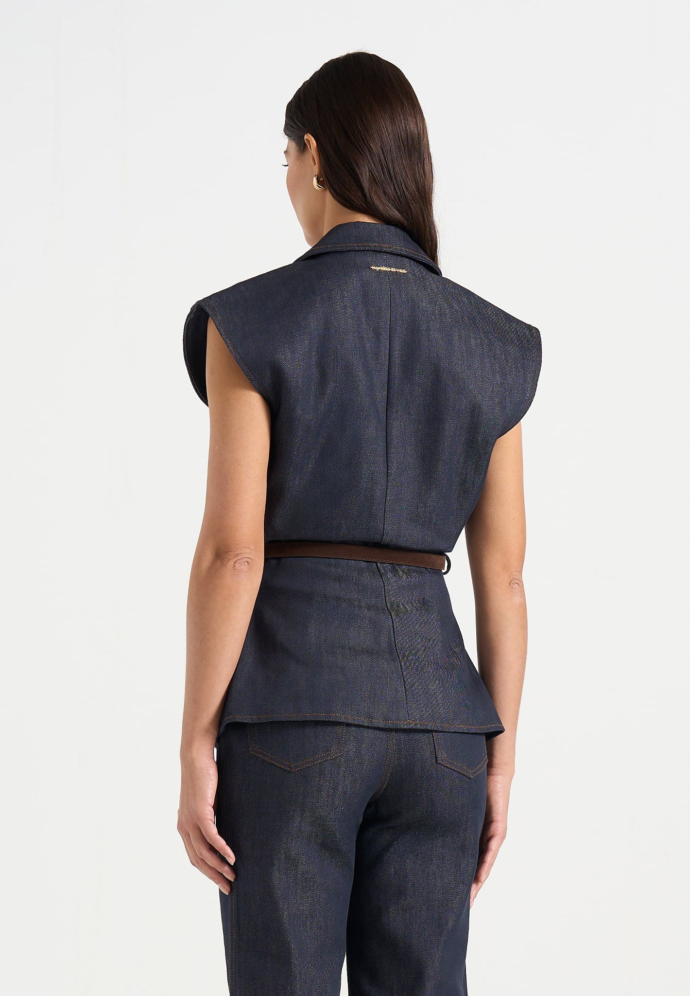 Linda - Denim Wide Shoulder Cinched Waistcoat - Indigo