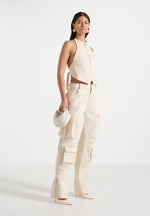 Emilie - High Waisted Twill Cargo Pants - Cream
