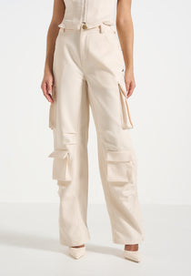 Emilie - High Waisted Twill Cargo Pants - Cream