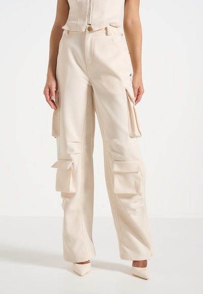 Emilie - High Waisted Twill Cargo Pants - Cream