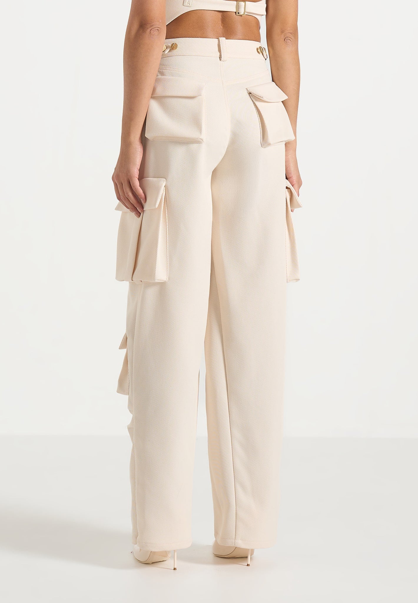 Emilie - High Waisted Twill Cargo Pants - Cream