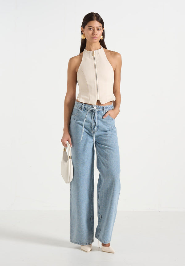 Claudette - Twill Halterneck Backless Top - Cream