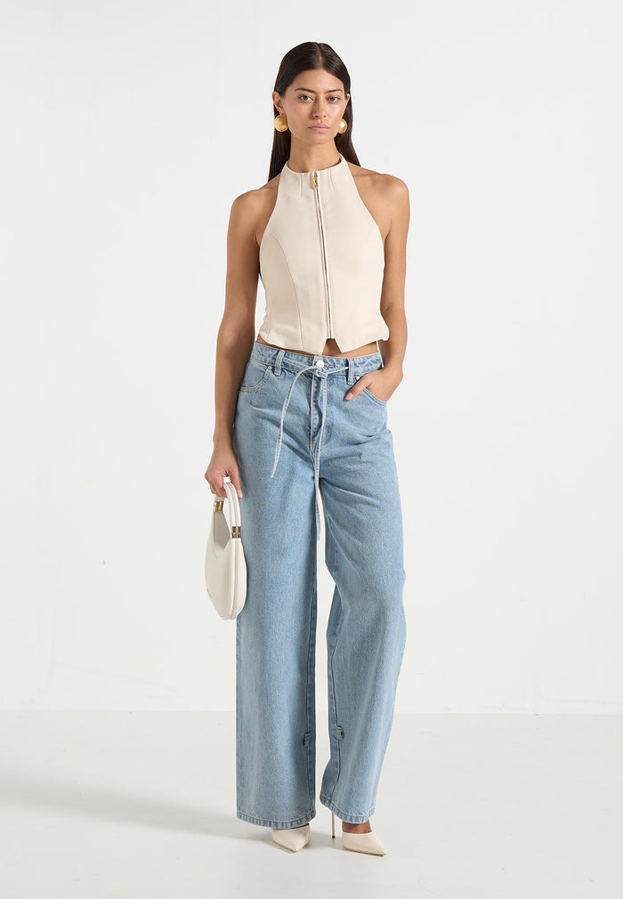 Claudette - Twill Halterneck Backless Top - Cream