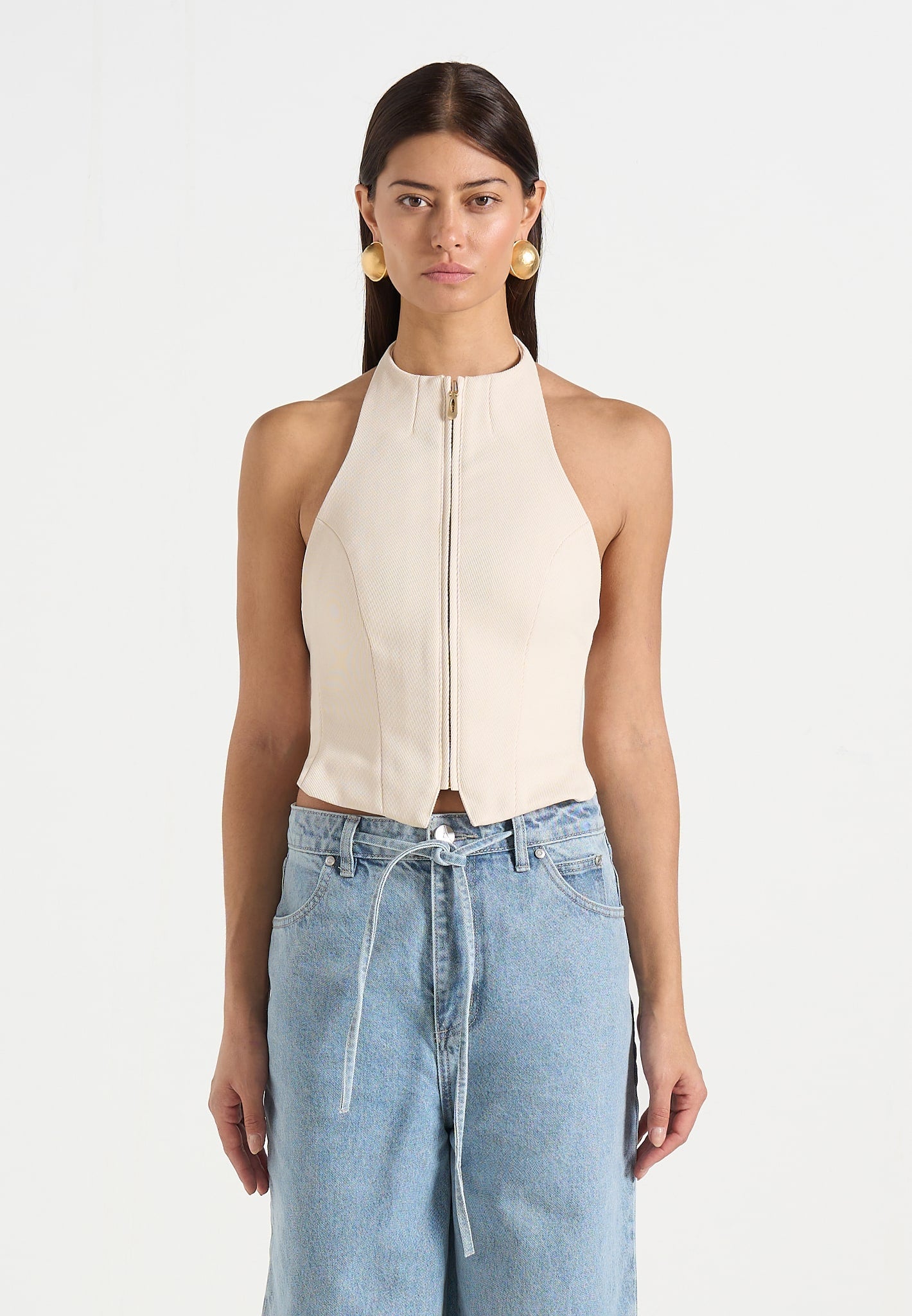 Claudette - Twill Halterneck Backless Top - Cream