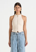 Claudette - Twill Halterneck Backless Top - Cream
