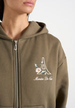 JS009 - Unisex Floral Eiffel Zip Hoodie - Olive