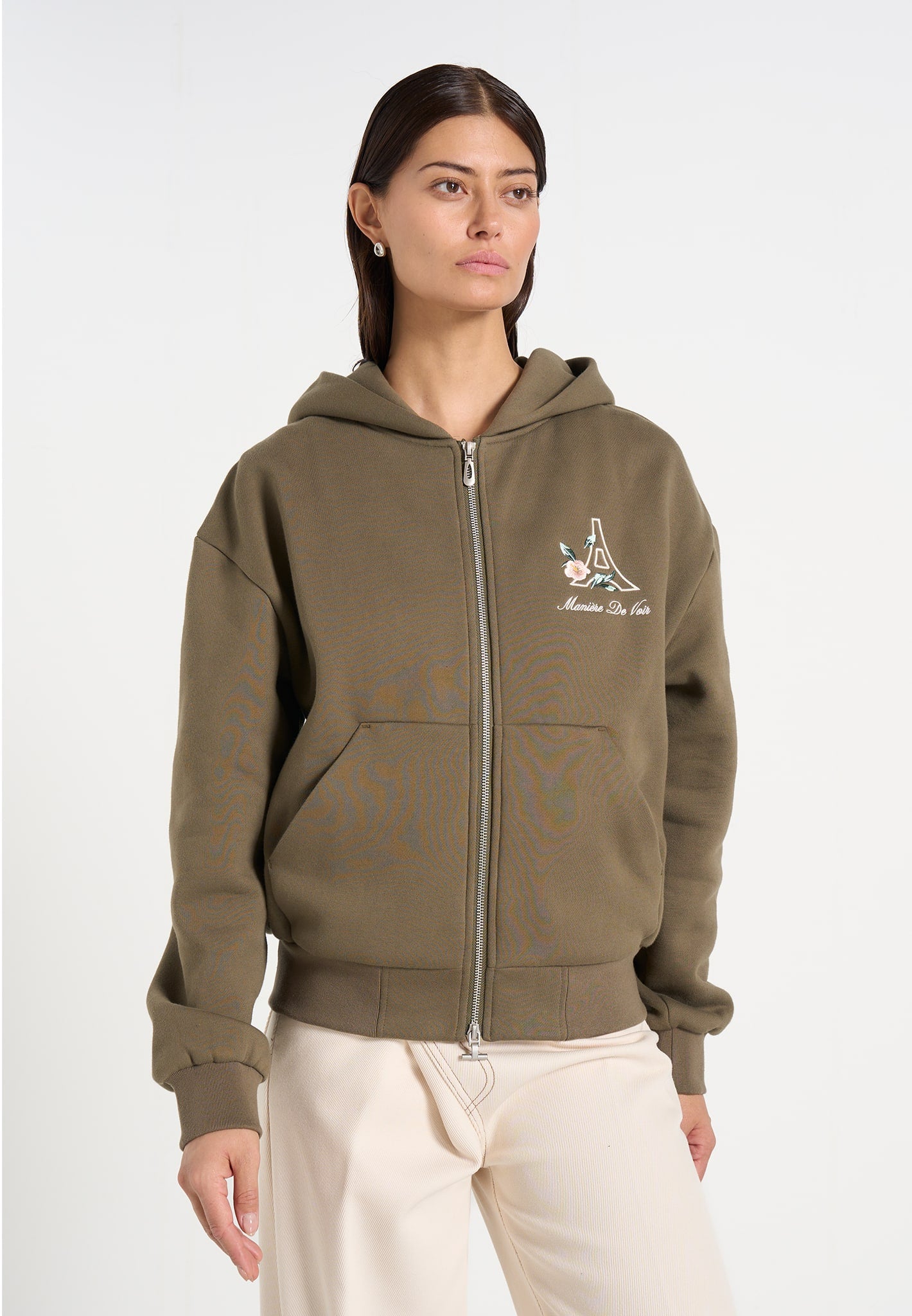 JS009 - Unisex Floral Eiffel Zip Hoodie - Olive