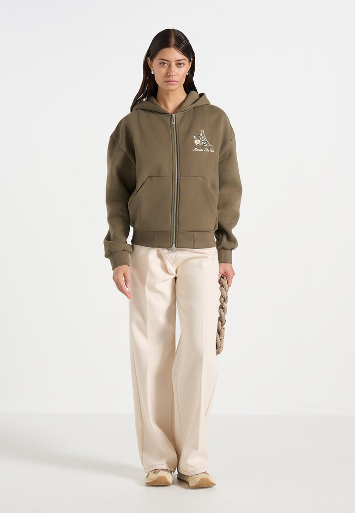 JS009 - Unisex Floral Eiffel Zip Hoodie - Olive