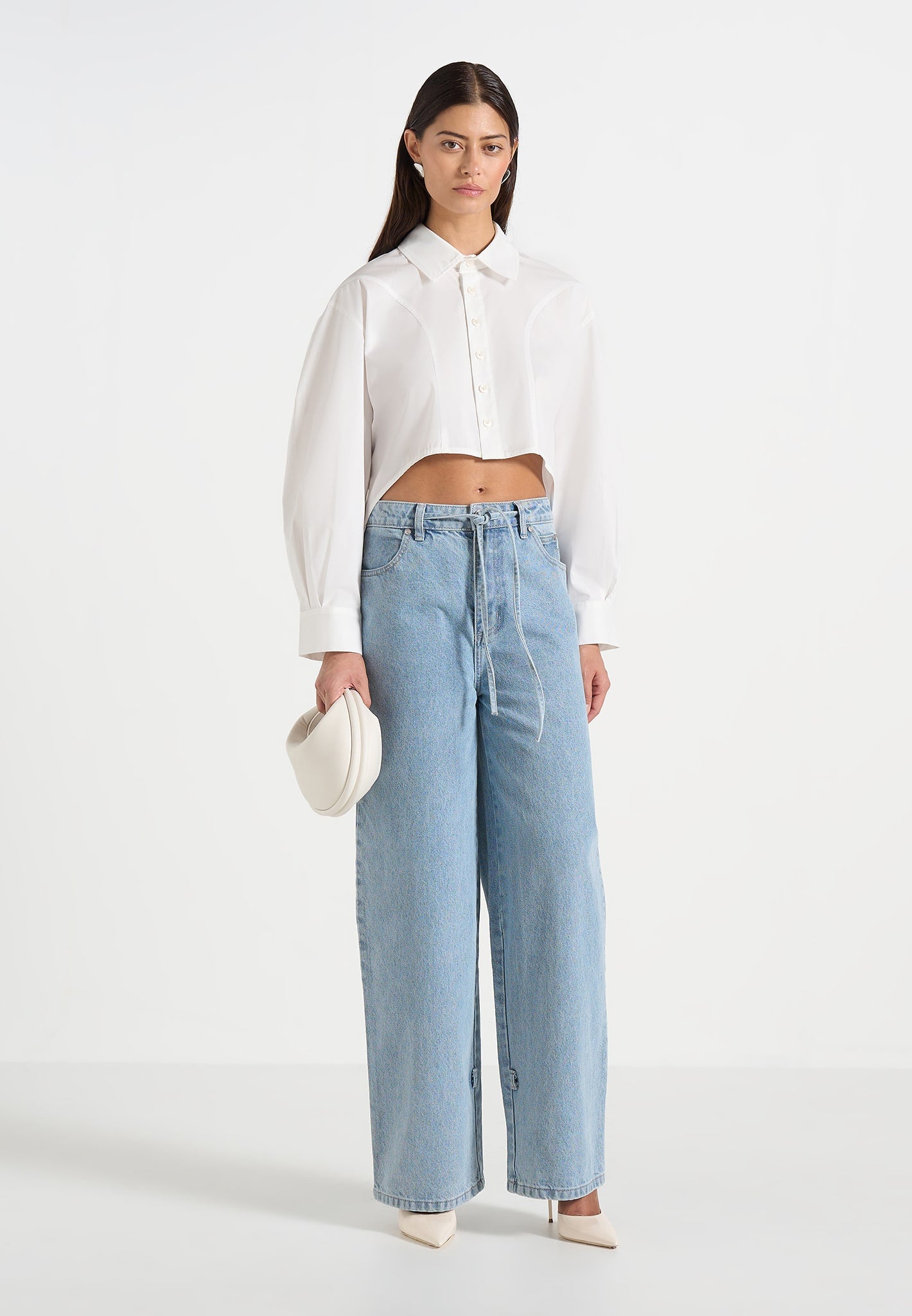 Eleni - Cropped Shirt With Balloon Sleeves - White 