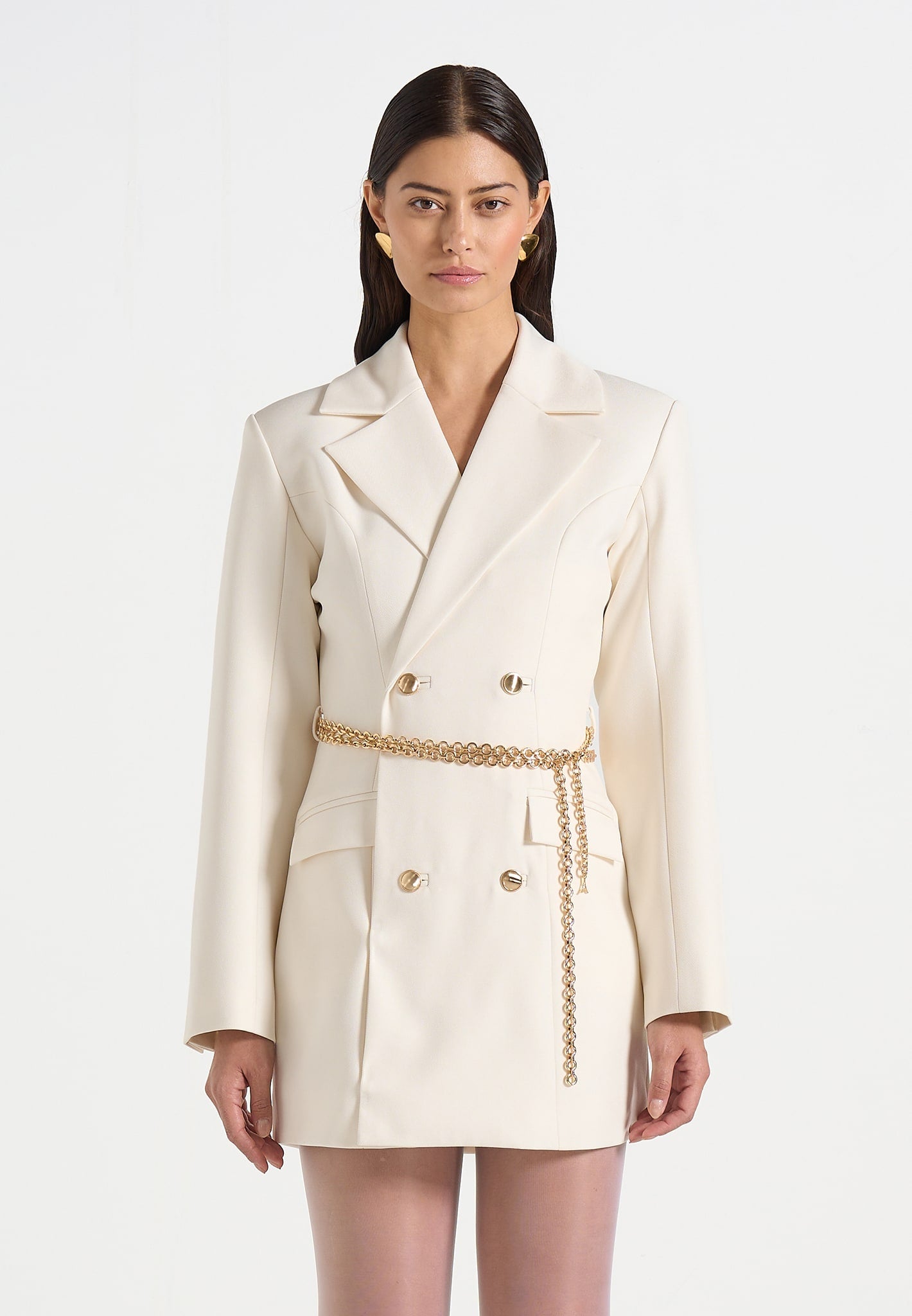 Zara - Double Breasted Blazer Dress With Chain - Off White