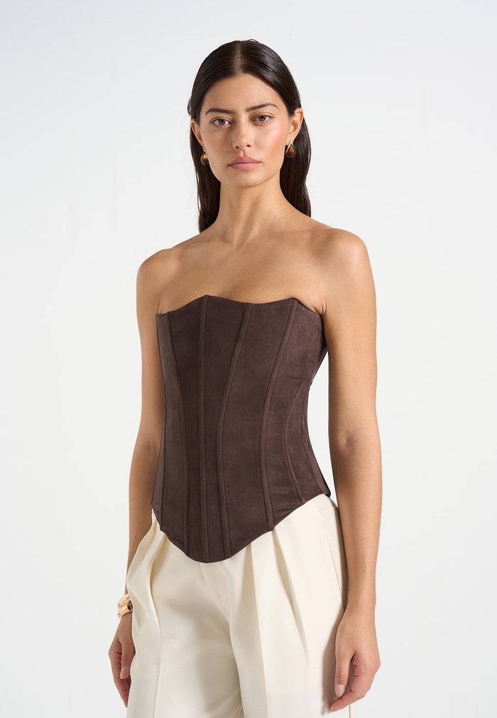 Scarlett - Suede Lace Up Corset  - Brown