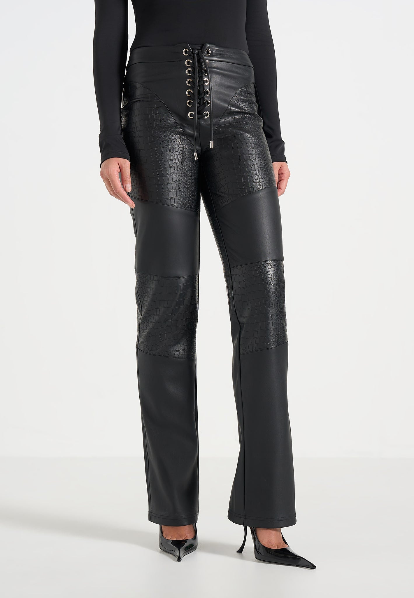 Seren - Croc Embossed Lace Up Trousers - Black 