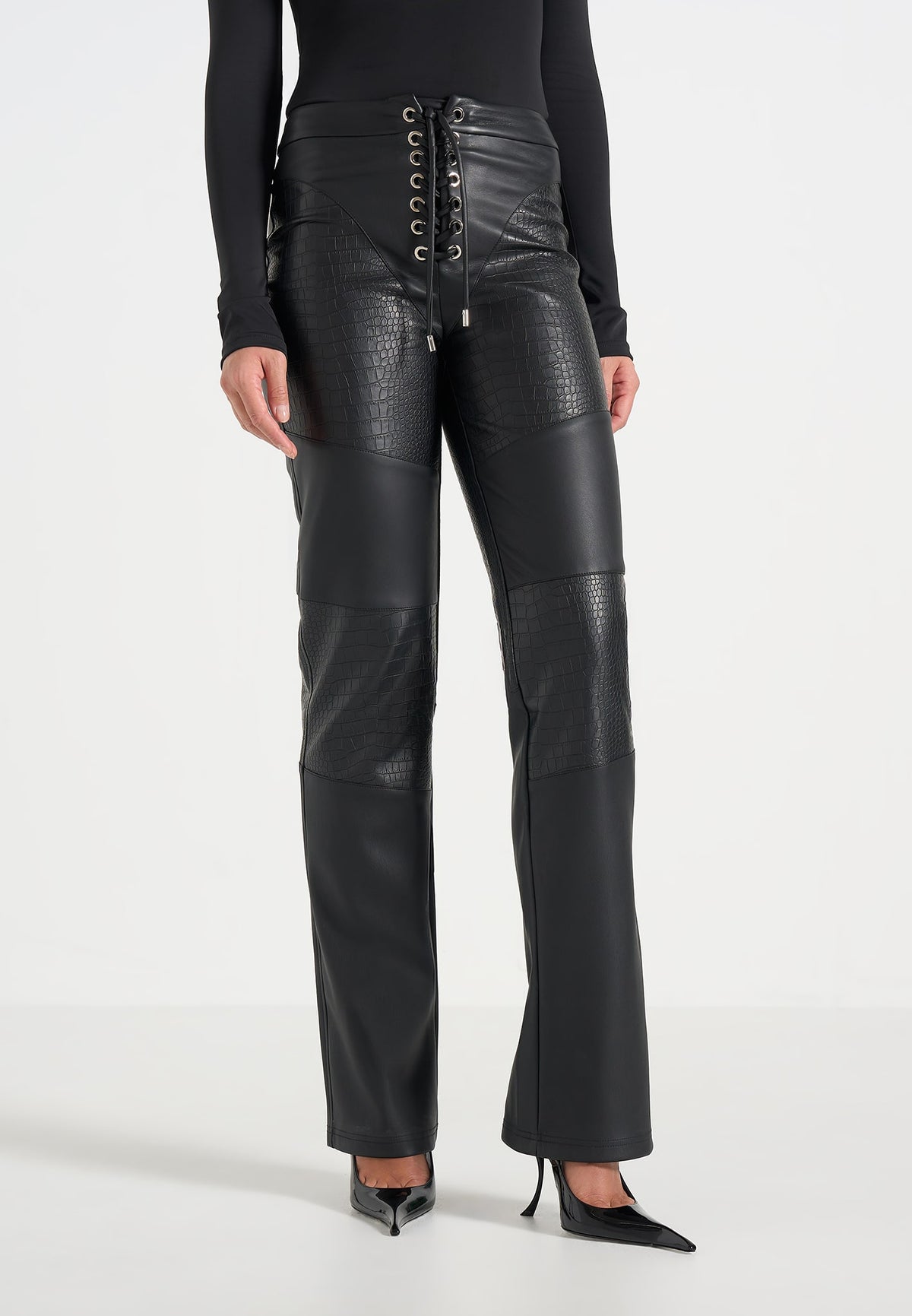 Seren - Croc Embossed Lace Up Trousers - Black