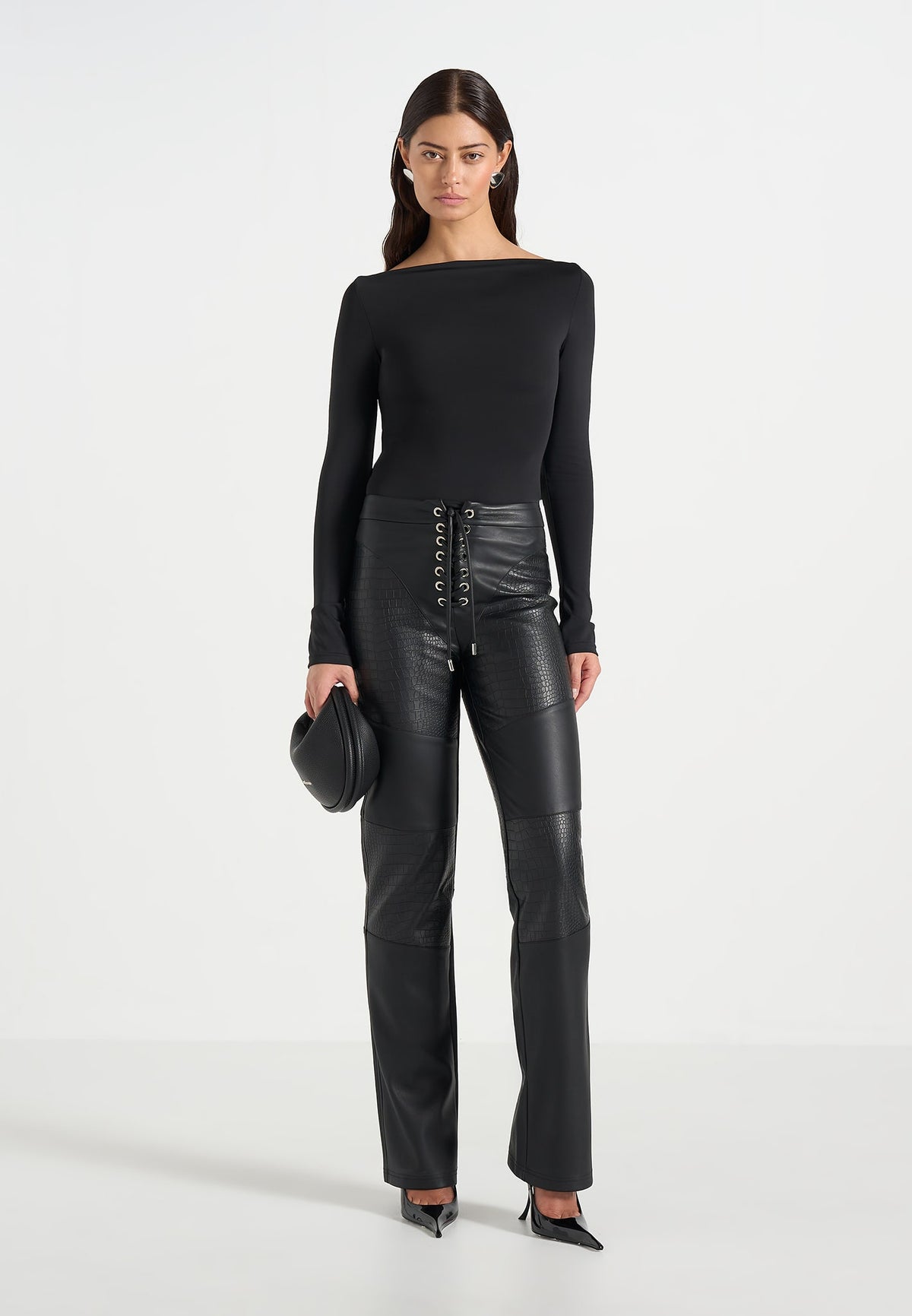 Seren - Croc Embossed Lace Up Trousers - Black