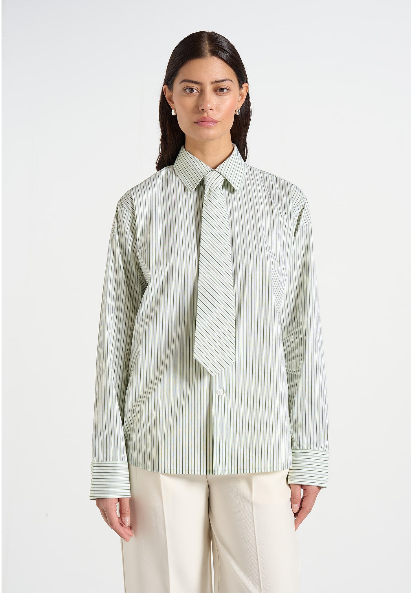Dylan - Unisex Pinstripe Long Sleeve Shirt With Detachable Tie - Sage