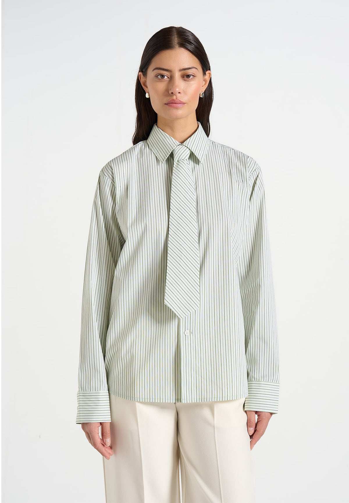 Dylan - Unisex Pinstripe Long Sleeve Shirt With Detachable Tie - Sage