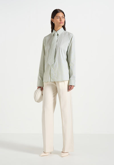 Dylan - Unisex Pinstripe Long Sleeve Shirt With Detachable Tie - Sage