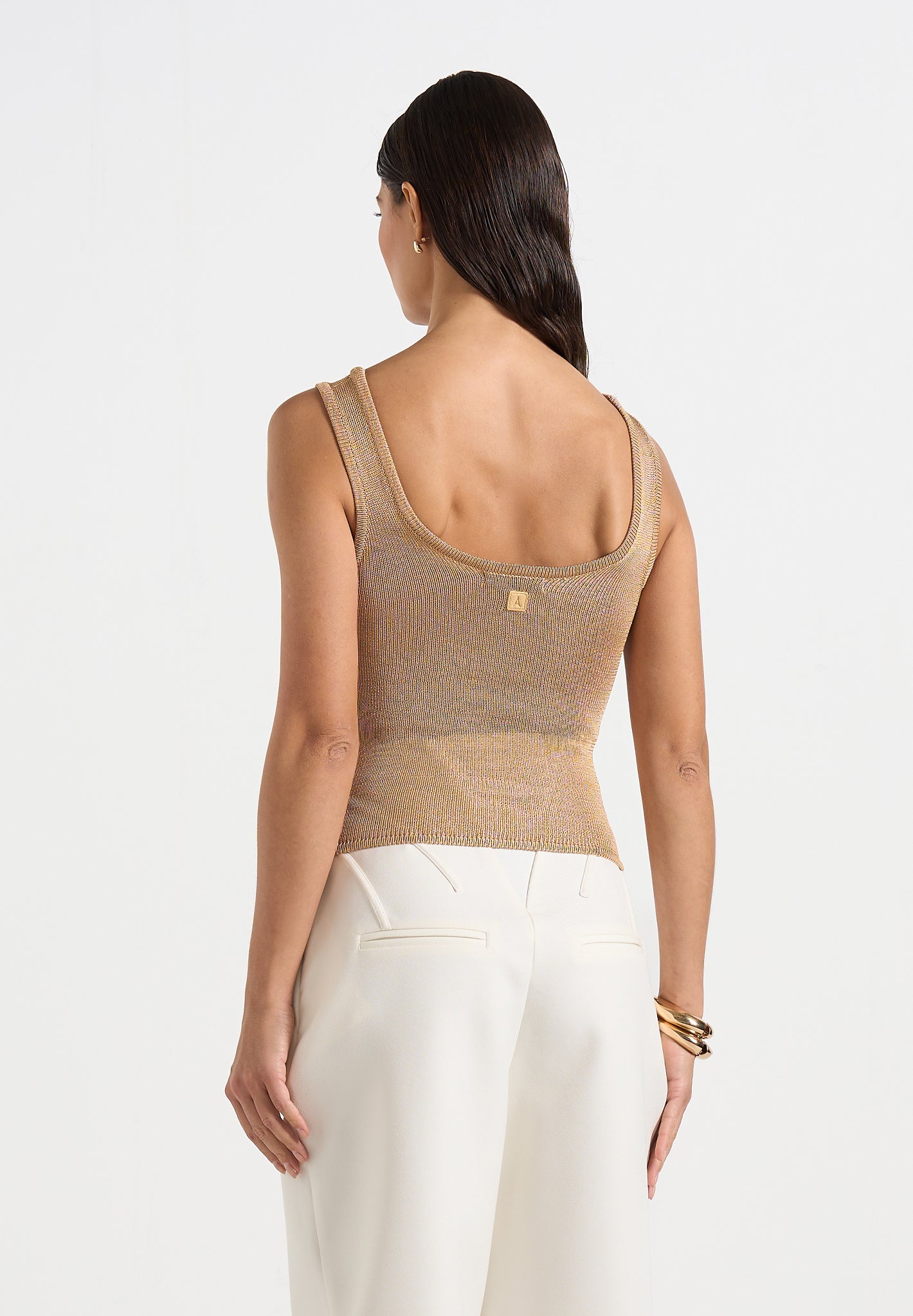 Pippa - Pointelle Knitted Vest With Knot Button - Gold