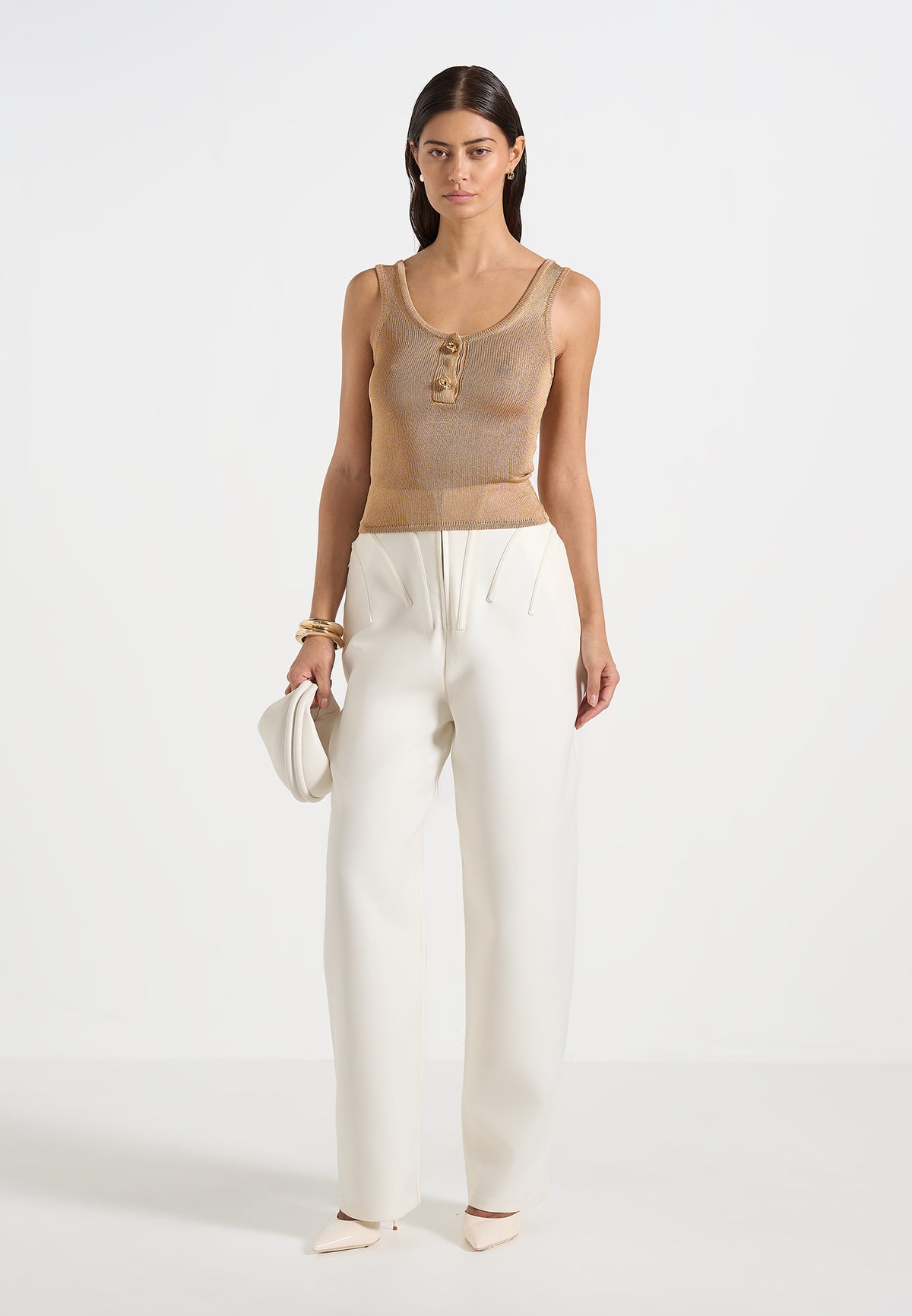 Pippa - Pointelle Knitted Vest With Knot Button - Gold