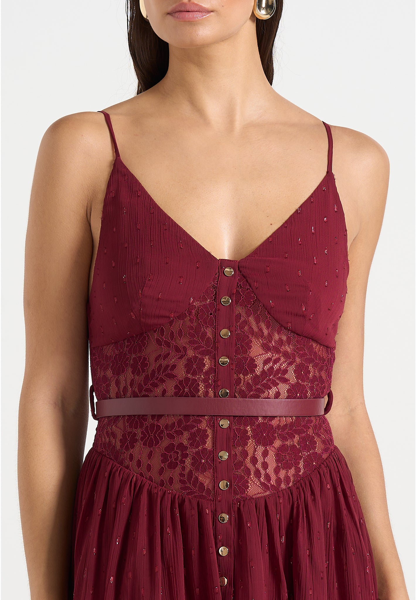 Rosie - Lace Corset Maxi Dress - Wine Red 