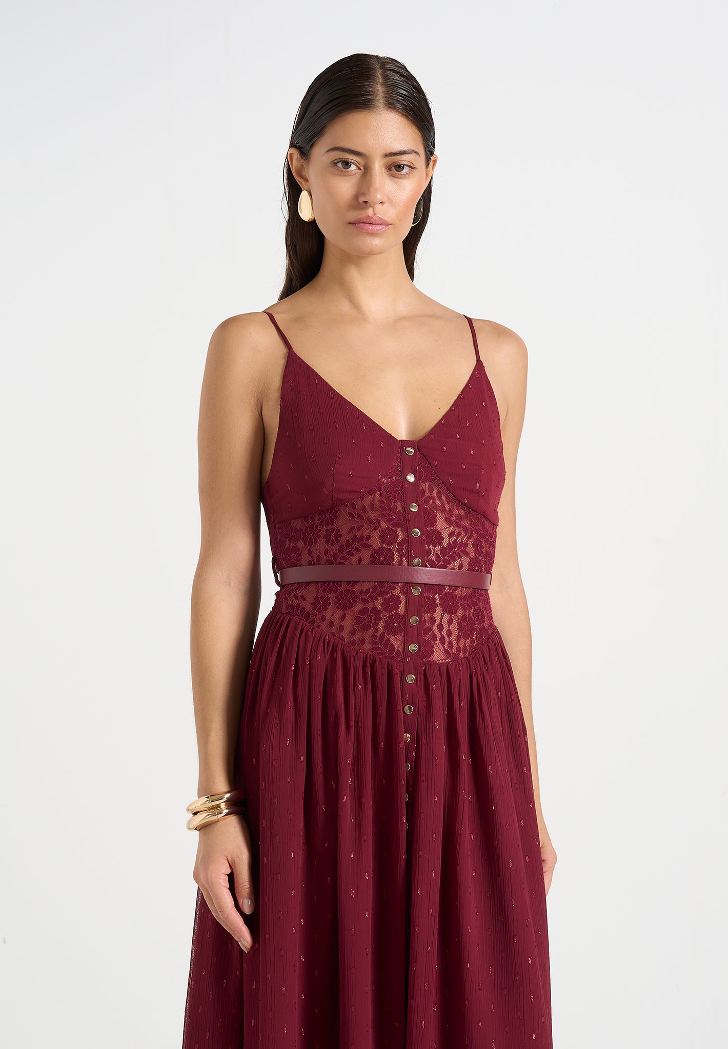 Rosie - Lace Corset Maxi Dress - Wine Red