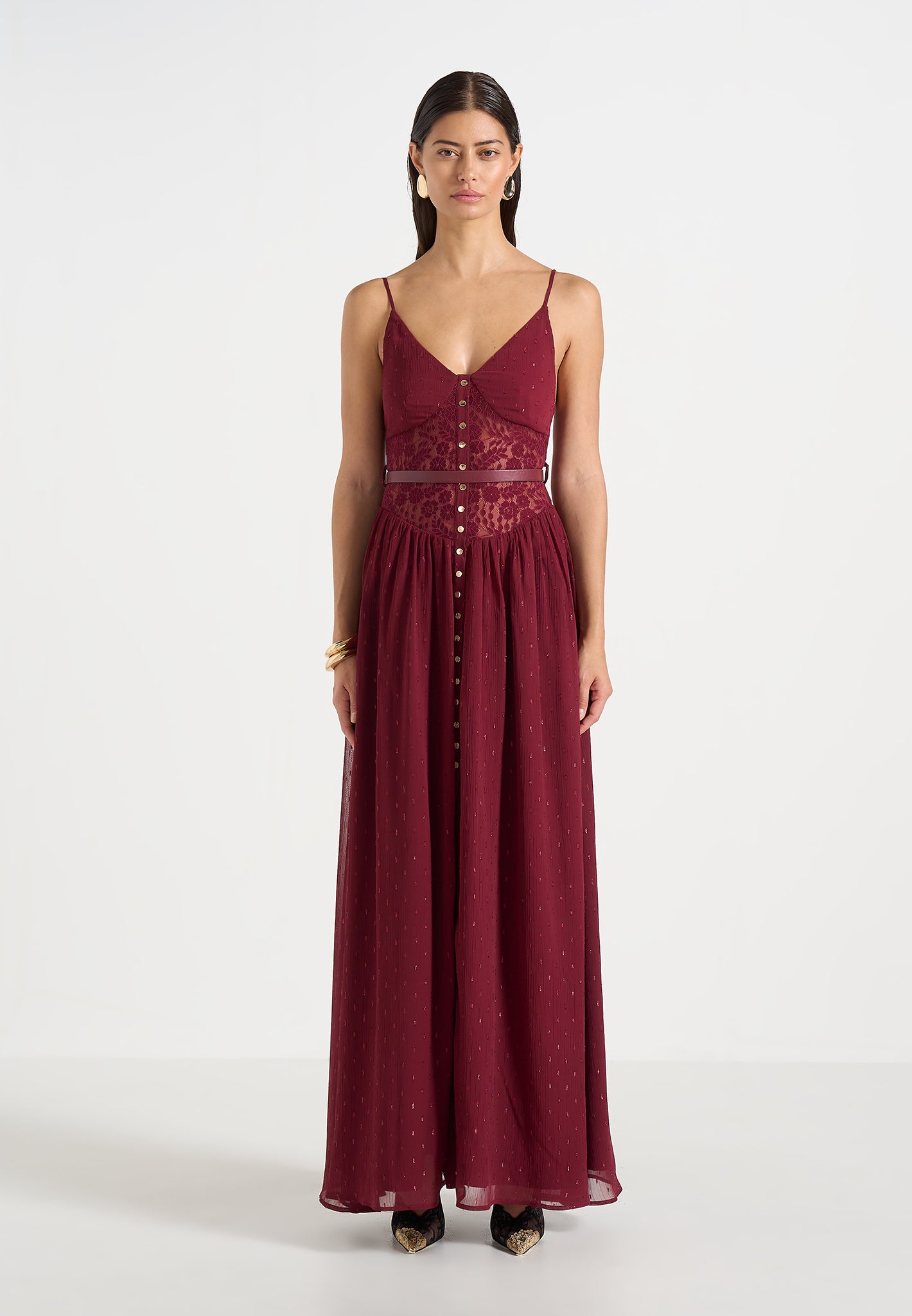 Rosie - Lace Corset Maxi Dress - Wine Red