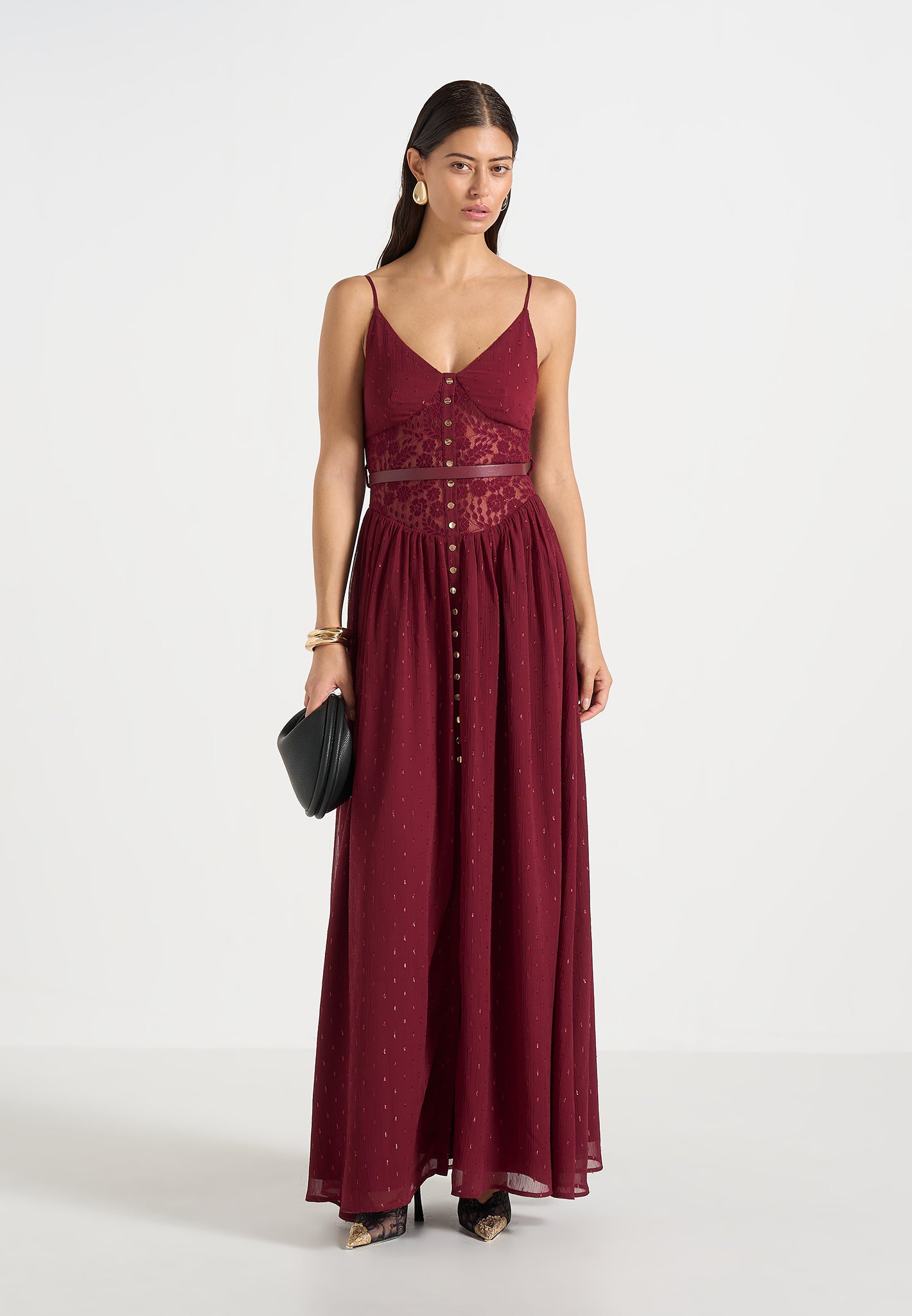 Rosie - Lace Corset Maxi Dress - Wine Red 