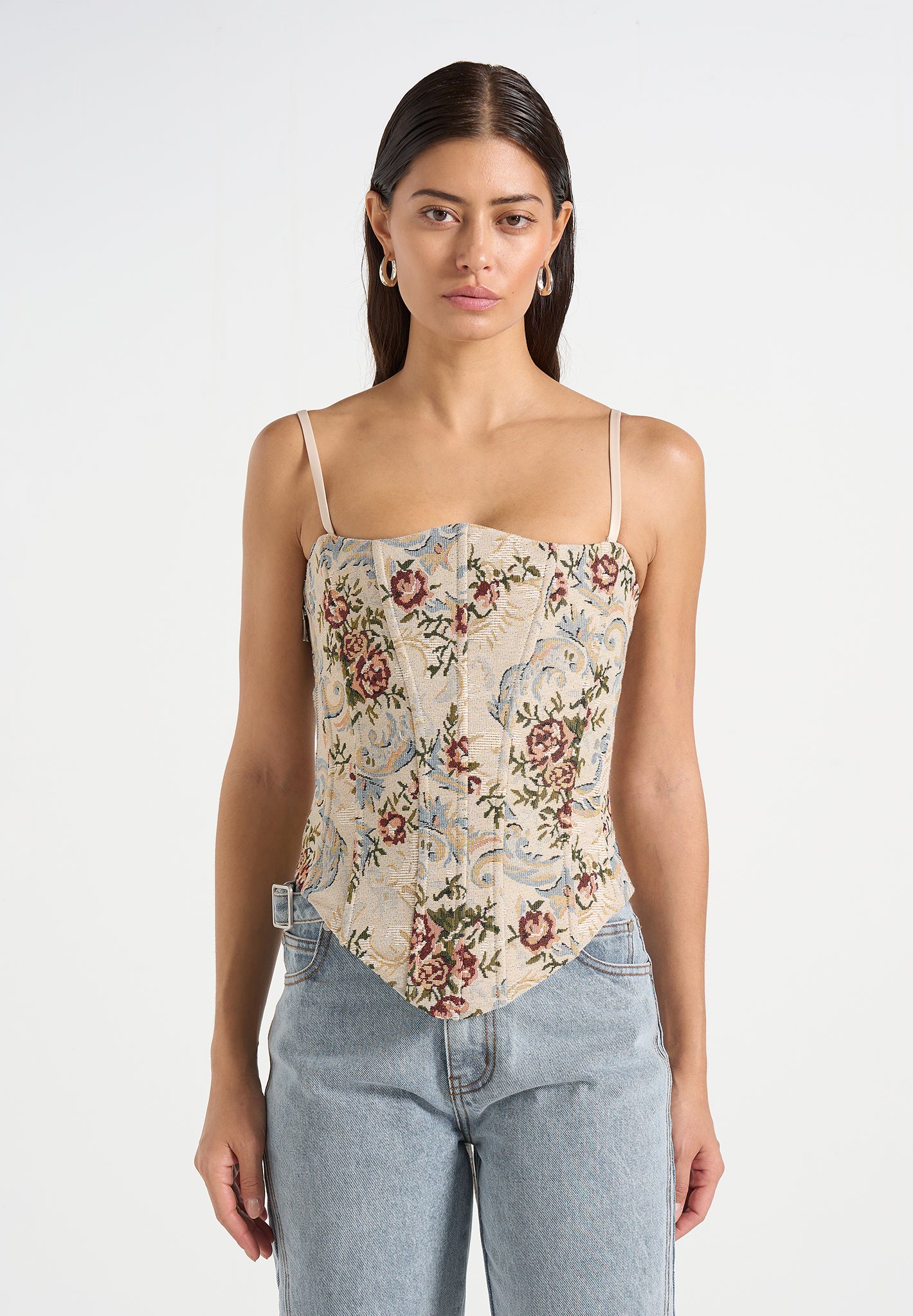 Scarlett - Tapestry Lace Up Corset  - Beige