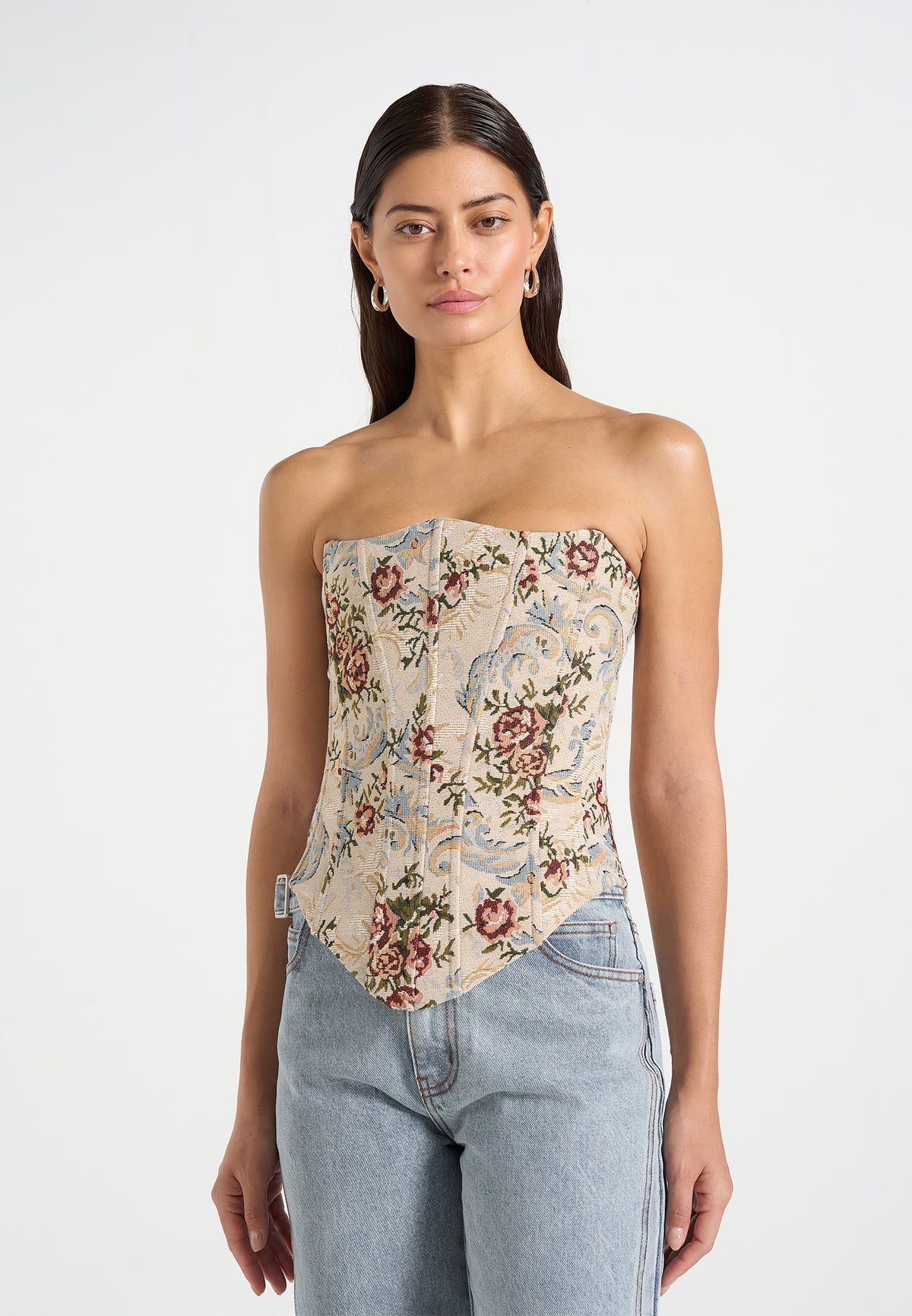 Scarlett - Tapestry Lace Up Corset  - Beige