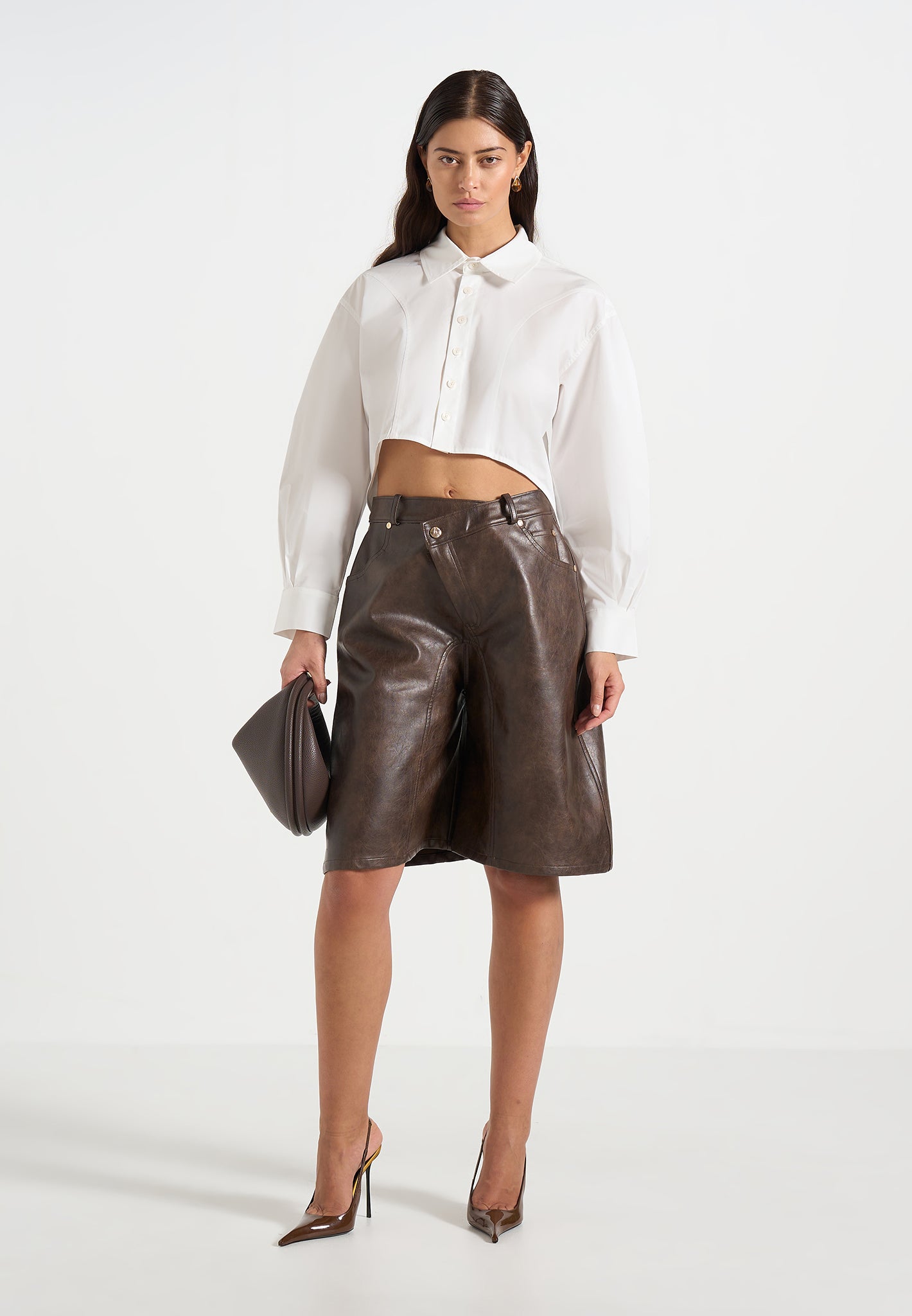 Hazel - Vintage Leather Wrapover Bermuda Shorts - Brown 