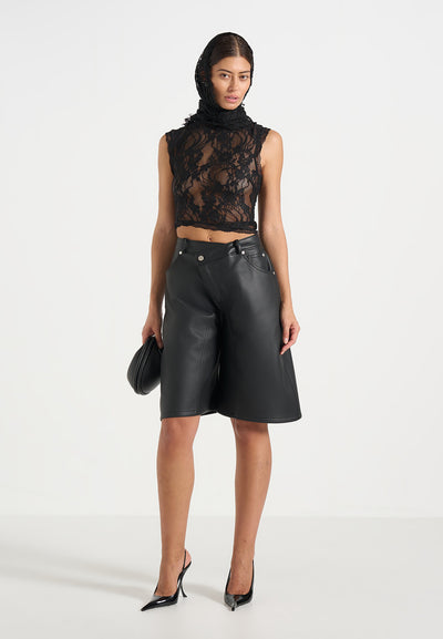 Hazel - Leather Wrapover Bermuda Shorts - Black