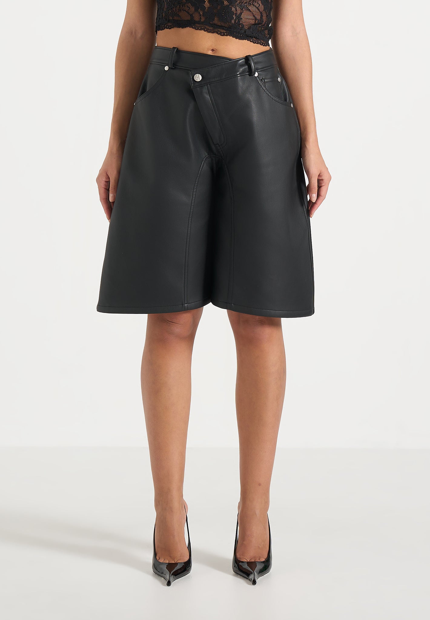 Hazel - Leather Wrapover Bermuda Shorts - Black 