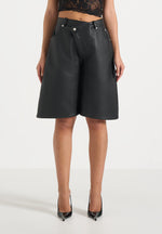 Hazel - Leather Wrapover Bermuda Shorts - Black