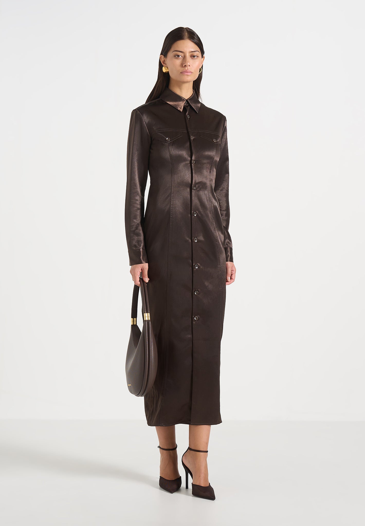 Etta - Crinkled Satin Midaxi Shirt Dress - Brown 