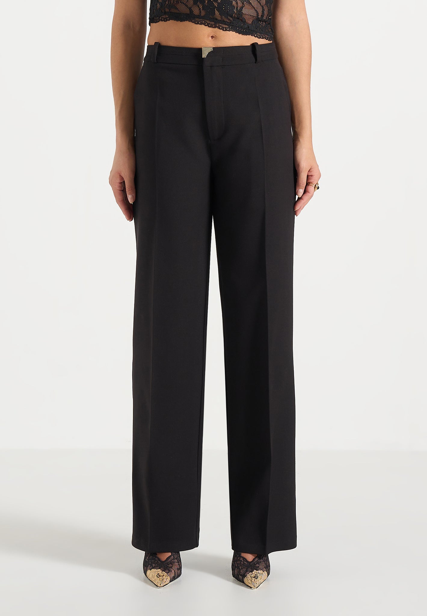 Doria - Tailored Trousers With Waistband Detail - Black